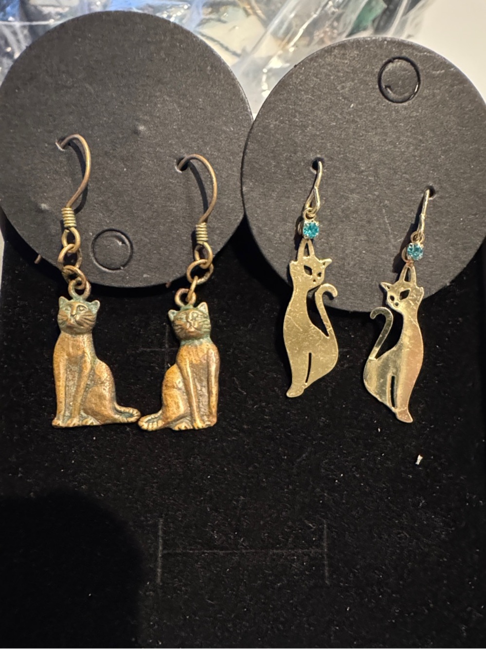 Vintage Copper Cat and new gold tone cat Dangle Earrings -